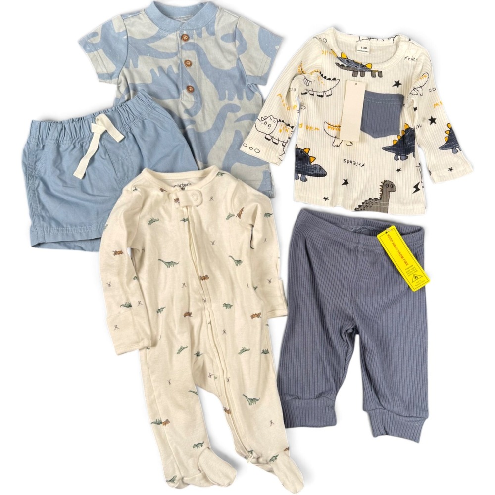 Carters Baby Boy Dinosaur Clothing Lot Sleeper Shirt Pants Shorts 0-3M 5pc Set